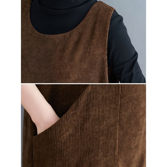 Corduroy Sleeveless Split-Joint Round-Neck Midi Dress Corduroy Sleeveless Split-Joint Round-Neck Midi Dress