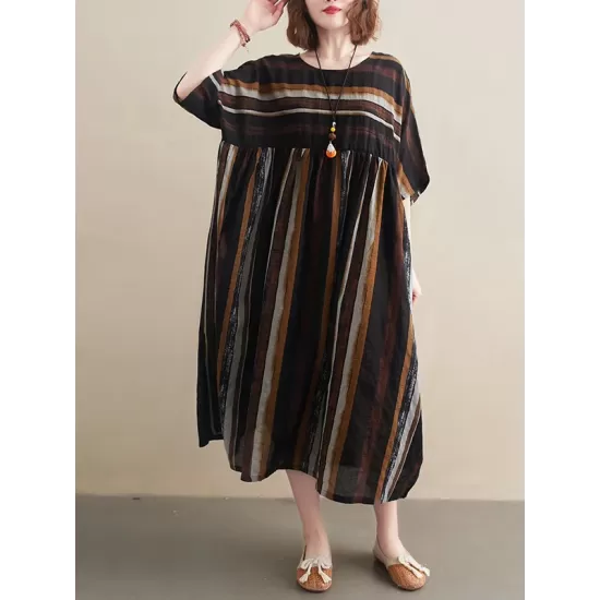 Original Cotton Blend Stripe Half Sleeve Maxi Dress Original Cotton Blend Stripe Half Sleeve Maxi Dress