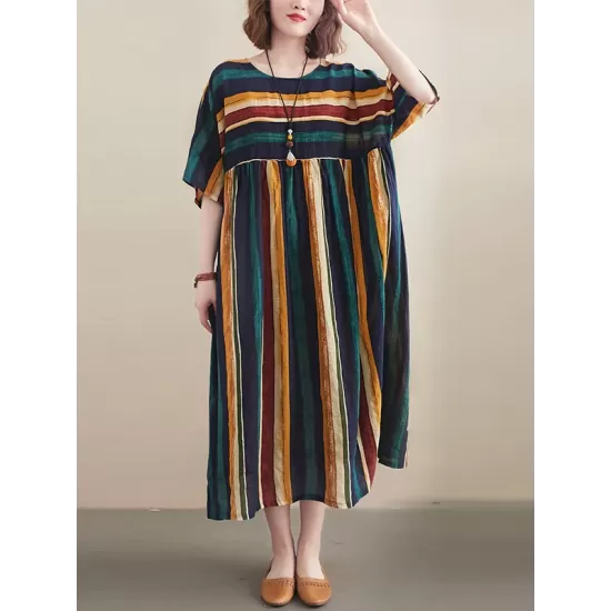 Original Cotton Blend Stripe Half Sleeve Maxi Dress Original Cotton Blend Stripe Half Sleeve Maxi Dress