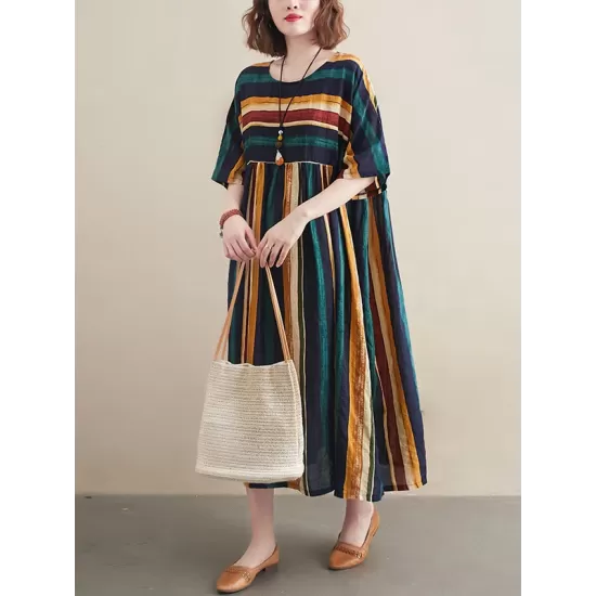 Original Cotton Blend Stripe Half Sleeve Maxi Dress Original Cotton Blend Stripe Half Sleeve Maxi Dress