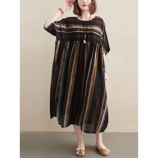 Original Cotton Blend Stripe Half Sleeve Maxi Dress Original Cotton Blend Stripe Half Sleeve Maxi Dress