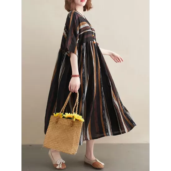 Original Cotton Blend Stripe Half Sleeve Maxi Dress Original Cotton Blend Stripe Half Sleeve Maxi Dress