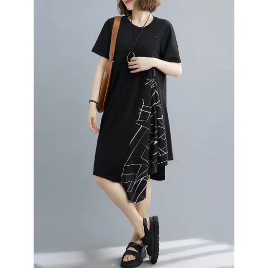 Artistic Irregular Printed Split-Joint Loose Short Sleeve Dress Artistic Irregular Printed Split-Joint Loose Short Sleeve Dress