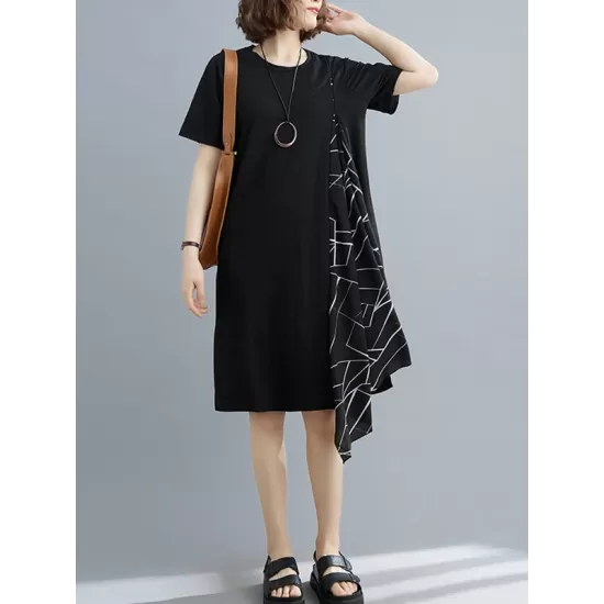 Artistic Irregular Printed Split-Joint Loose Short Sleeve Dress Artistic Irregular Printed Split-Joint Loose Short Sleeve Dress