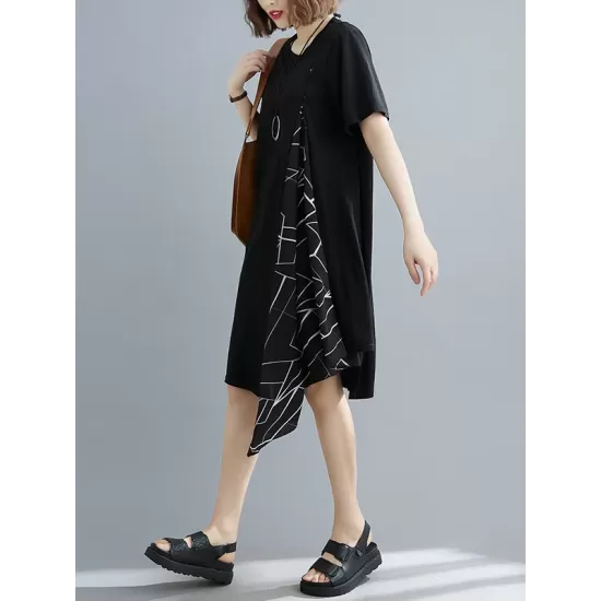 Artistic Irregular Printed Split-Joint Loose Short Sleeve Dress Artistic Irregular Printed Split-Joint Loose Short Sleeve Dress