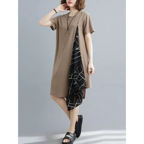 Artistic Irregular Printed Split-Joint Loose Short Sleeve Dress Artistic Irregular Printed Split-Joint Loose Short Sleeve Dress