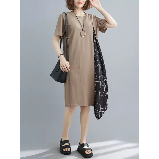 Artistic Irregular Printed Split-Joint Loose Short Sleeve Dress Artistic Irregular Printed Split-Joint Loose Short Sleeve Dress