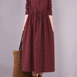 Original Lapel Frenum Floral Printed Midi Dress