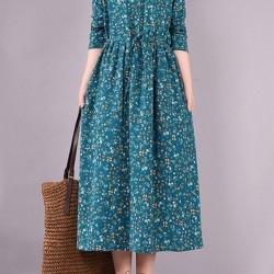 Original Lapel Frenum Floral Printed Midi Dress