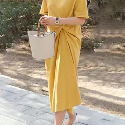 Original Solid Color Irregularity Pleats Midi Dress
