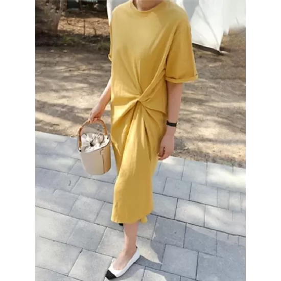 Original Solid Color Irregularity Pleats Midi Dress Original Solid Color Irregularity Pleats Midi Dress