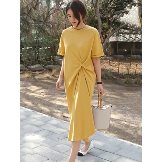 Original Solid Color Irregularity Pleats Midi Dress Original Solid Color Irregularity Pleats Midi Dress