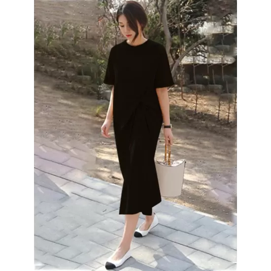 Original Solid Color Irregularity Pleats Midi Dress Original Solid Color Irregularity Pleats Midi Dress