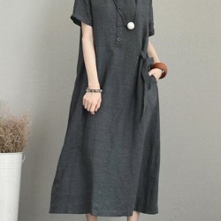 Original Cotton-Blend Lapel Solid Color Dress