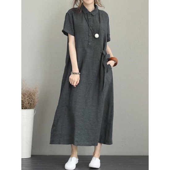 Original Cotton-Blend Lapel Solid Color Dress Original Cotton-Blend Lapel Solid Color Dress