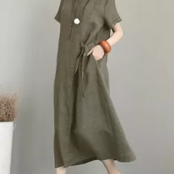 Original Cotton-Blend Lapel Solid Color Dress