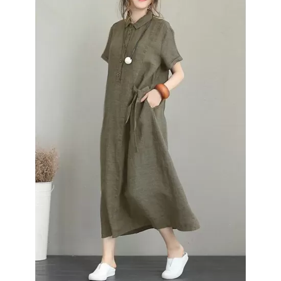 Original Cotton-Blend Lapel Solid Color Dress Original Cotton-Blend Lapel Solid Color Dress