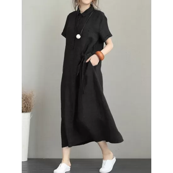 Original Cotton-Blend Lapel Solid Color Dress Original Cotton-Blend Lapel Solid Color Dress