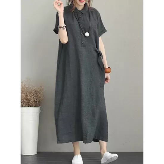Original Cotton-Blend Lapel Solid Color Dress Original Cotton-Blend Lapel Solid Color Dress