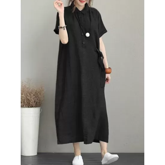 Original Cotton-Blend Lapel Solid Color Dress Original Cotton-Blend Lapel Solid Color Dress