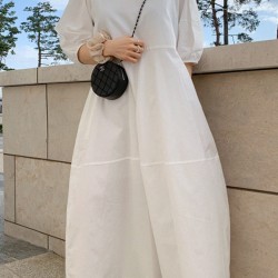 Casual Round-Neck Bishop Sleeve Loose Solid Color Midi Dress