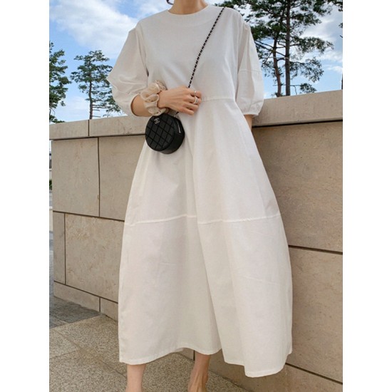 Casual Round-Neck Bishop Sleeve Loose Solid Color Midi Dress Casual Round-Neck Bishop Sleeve Loose Solid Color Midi Dress
