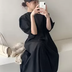 Casual Round-Neck Bishop Sleeve Loose Solid Color Midi Dress