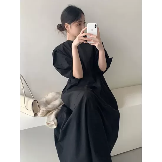 Casual Round-Neck Bishop Sleeve Loose Solid Color Midi Dress Casual Round-Neck Bishop Sleeve Loose Solid Color Midi Dress