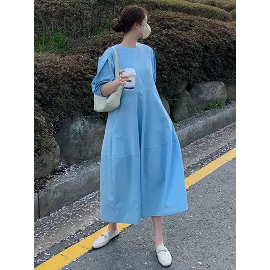 Casual Round-Neck Bishop Sleeve Loose Solid Color Midi Dress Casual Round-Neck Bishop Sleeve Loose Solid Color Midi Dress