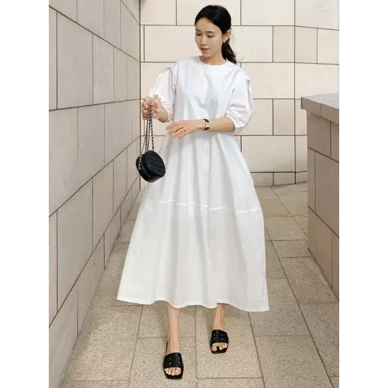 Casual Round-Neck Bishop Sleeve Loose Solid Color Midi Dress Casual Round-Neck Bishop Sleeve Loose Solid Color Midi Dress