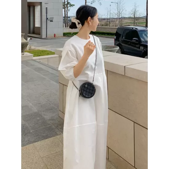 Casual Round-Neck Bishop Sleeve Loose Solid Color Midi Dress Casual Round-Neck Bishop Sleeve Loose Solid Color Midi Dress