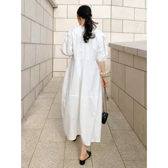 Casual Round-Neck Bishop Sleeve Loose Solid Color Midi Dress Casual Round-Neck Bishop Sleeve Loose Solid Color Midi Dress
