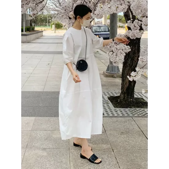 Casual Round-Neck Bishop Sleeve Loose Solid Color Midi Dress Casual Round-Neck Bishop Sleeve Loose Solid Color Midi Dress