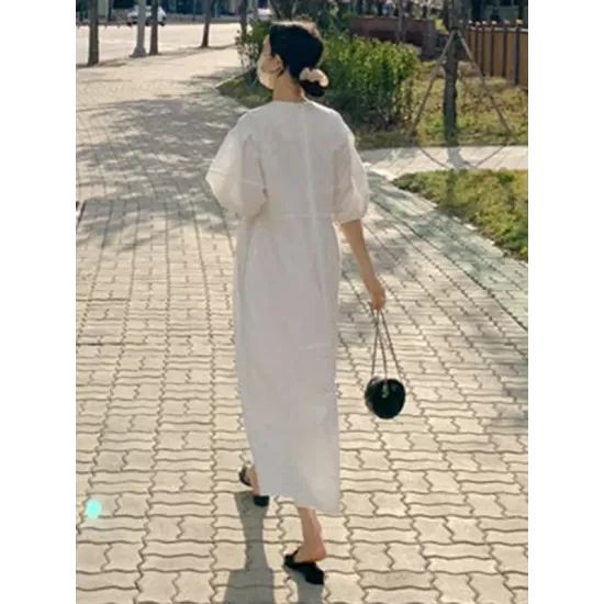 Casual Round-Neck Bishop Sleeve Loose Solid Color Midi Dress Casual Round-Neck Bishop Sleeve Loose Solid Color Midi Dress