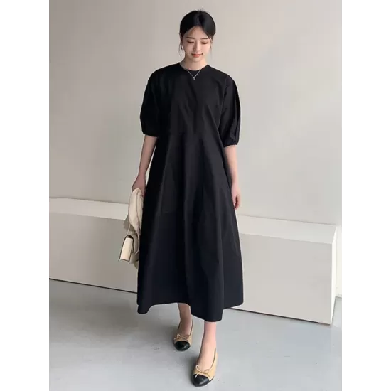 Casual Round-Neck Bishop Sleeve Loose Solid Color Midi Dress Casual Round-Neck Bishop Sleeve Loose Solid Color Midi Dress