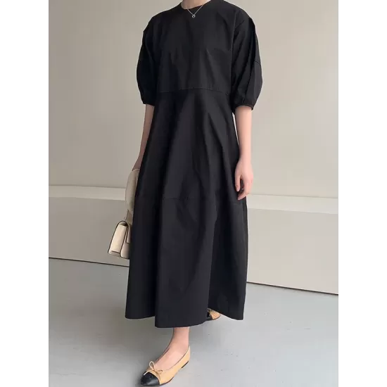 Casual Round-Neck Bishop Sleeve Loose Solid Color Midi Dress Casual Round-Neck Bishop Sleeve Loose Solid Color Midi Dress