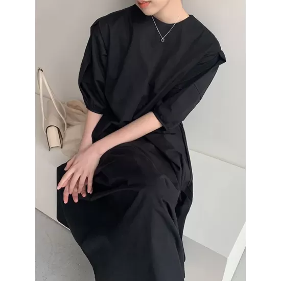 Casual Round-Neck Bishop Sleeve Loose Solid Color Midi Dress Casual Round-Neck Bishop Sleeve Loose Solid Color Midi Dress