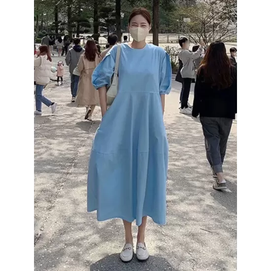 Casual Round-Neck Bishop Sleeve Loose Solid Color Midi Dress Casual Round-Neck Bishop Sleeve Loose Solid Color Midi Dress