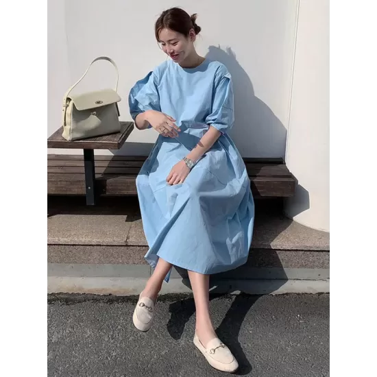 Casual Round-Neck Bishop Sleeve Loose Solid Color Midi Dress Casual Round-Neck Bishop Sleeve Loose Solid Color Midi Dress