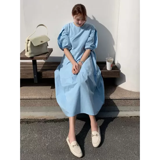 Casual Round-Neck Bishop Sleeve Loose Solid Color Midi Dress Casual Round-Neck Bishop Sleeve Loose Solid Color Midi Dress
