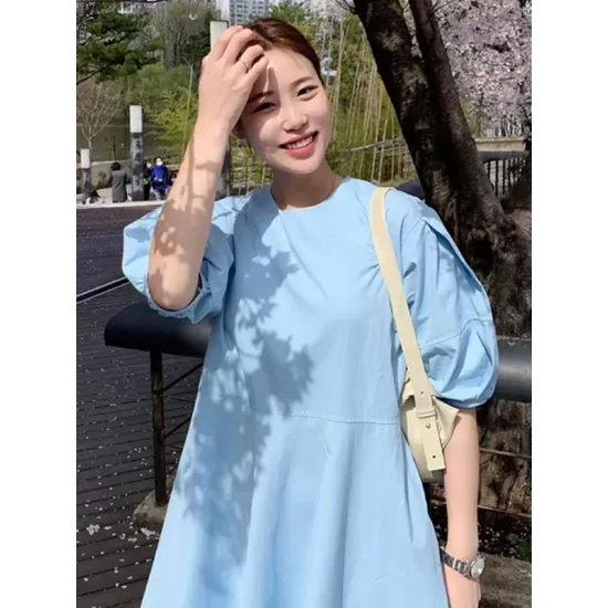 Casual Round-Neck Bishop Sleeve Loose Solid Color Midi Dress Casual Round-Neck Bishop Sleeve Loose Solid Color Midi Dress