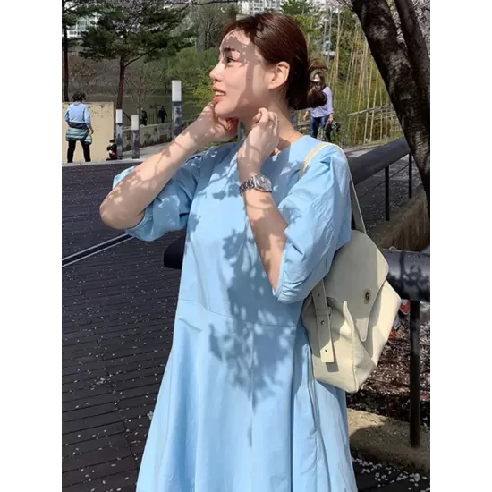 Casual Round-Neck Bishop Sleeve Loose Solid Color Midi Dress Casual Round-Neck Bishop Sleeve Loose Solid Color Midi Dress