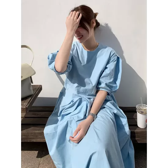 Casual Round-Neck Bishop Sleeve Loose Solid Color Midi Dress Casual Round-Neck Bishop Sleeve Loose Solid Color Midi Dress