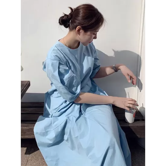 Casual Round-Neck Bishop Sleeve Loose Solid Color Midi Dress Casual Round-Neck Bishop Sleeve Loose Solid Color Midi Dress