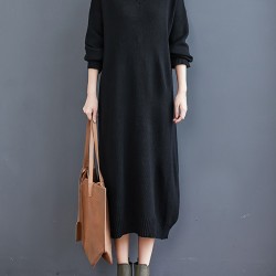 Loose Casual Solid Color V-Neck Long Sleeves Knitted Midi Dress