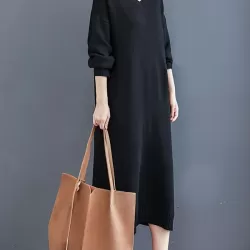 Loose Casual Solid Color V-Neck Long Sleeves Knitted Midi Dress
