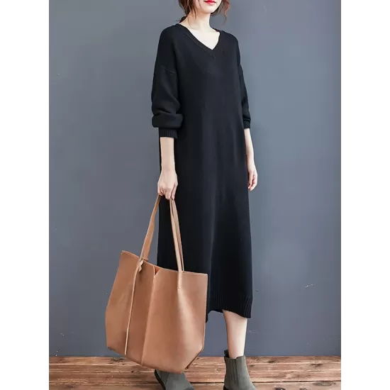 Loose Casual Solid Color V-Neck Long Sleeves Knitted Midi Dress Loose Casual Solid Color V-Neck Long Sleeves Knitted Midi Dress