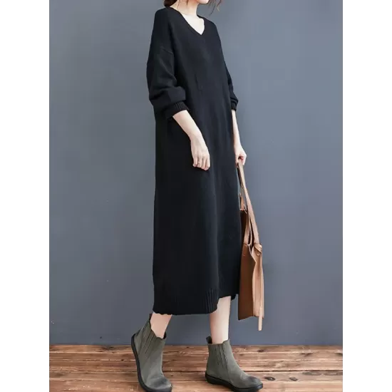 Loose Casual Solid Color V-Neck Long Sleeves Knitted Midi Dress Loose Casual Solid Color V-Neck Long Sleeves Knitted Midi Dress