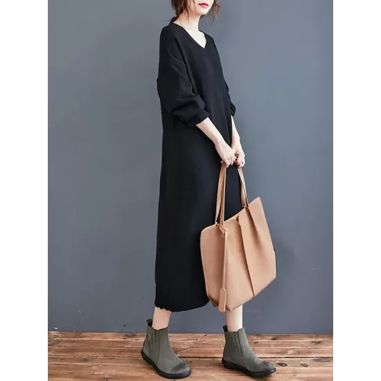 Loose Casual Solid Color V-Neck Long Sleeves Knitted Midi Dress Loose Casual Solid Color V-Neck Long Sleeves Knitted Midi Dress