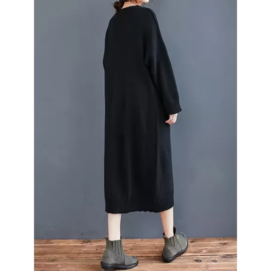 Loose Casual Solid Color V-Neck Long Sleeves Knitted Midi Dress Loose Casual Solid Color V-Neck Long Sleeves Knitted Midi Dress
